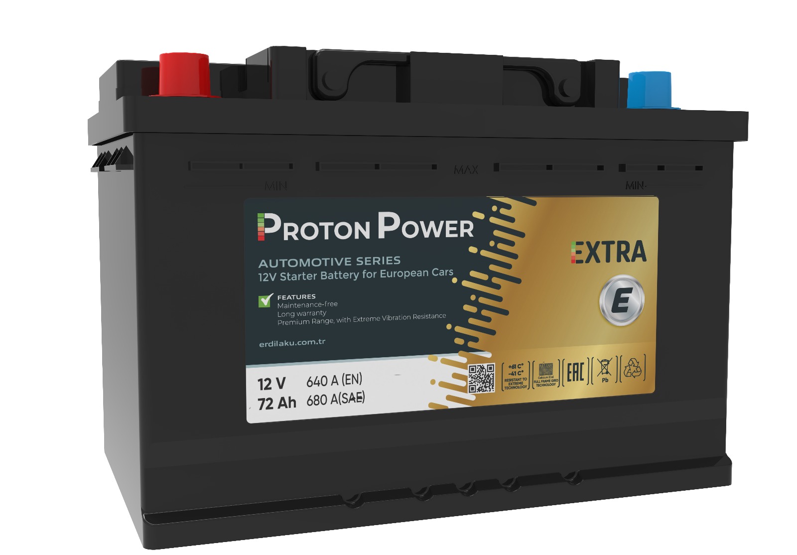 12 V 72AH 640A(EN) 680(SAE) CA/CA BATTERY  PROTON POWER AKÜ  EXTRA BİNEK DÜZ KUTUP STANDART L3 BAKIMLI